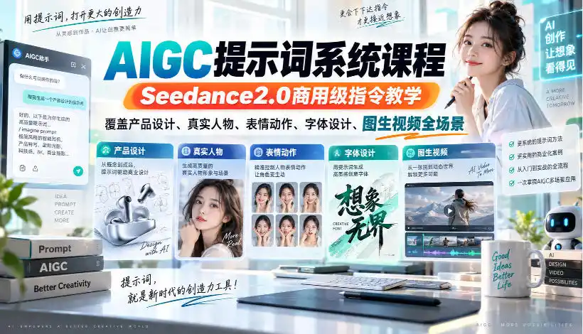 AIGC提示词系统课程,Seedance2.0商用级指令教学,覆盖产品设计、真实人物、表情动作、字体设计、图生视频全场景-云网创