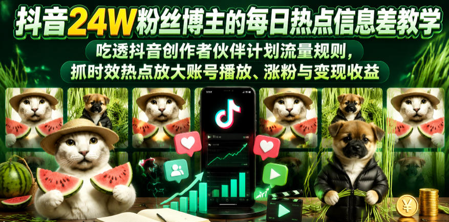 抖音24W粉丝博主的每日热点信息差教学，吃透创作者伙伴计划流量规则，抓时效热点放大账号播放、涨粉与变现收益-云网创